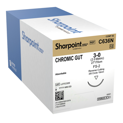 Look X557B Chromic Gut Reverse Cutting Sutures - 5-0, 27" C6, 3/8 Circle 19mm, 12/Pk